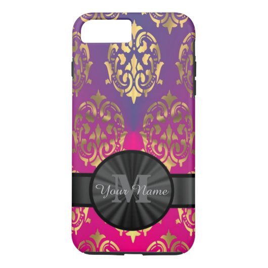 Paarse en gouden Damask gepersonaliseerd monogram Case-Mate iPhone Case (Achterkant)