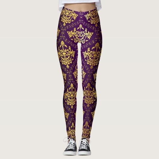 Paarse en gouden Damask Leggings (Voorkant)