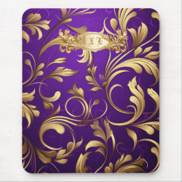 Paarse en gouden Damask Monogrammed Muismat