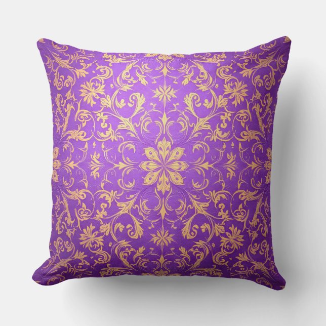 Paarse en gouden Damask Pattern.Modern Outdoor Kussen (Voorkant)