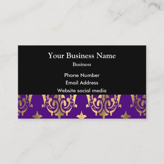 Paarse en gouden damast op zwart visitekaartje (Voorkant)