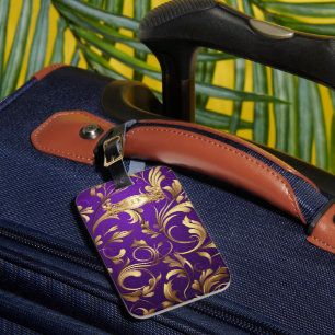Paarse en gouden Demask Monogrammed Bagagelabel