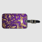 Paarse en gouden Demask Monogrammed Bagagelabel (Voorkant (horizontaal))