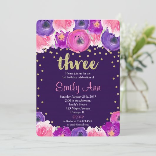 paarse en gouden derde 3e verjaardagsuitnodiging kaart (Staand voorkant)