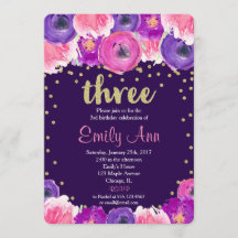 paarse en gouden derde 3e verjaardagsuitnodiging