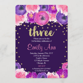 paarse en gouden derde 3e verjaardagsuitnodiging kaart