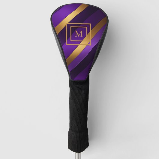 Paarse en Gouden Diagonaal Gestreept Monogram Golfheadcover (Voorkant)