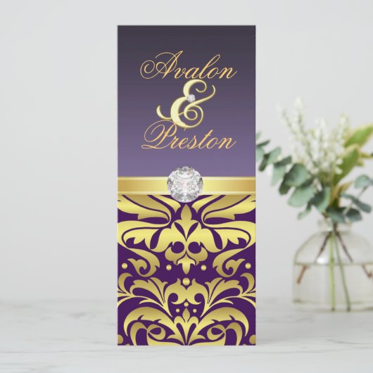 Paarse en gouden diamanten uitnodiging tot bruilof (Staand voorkant)