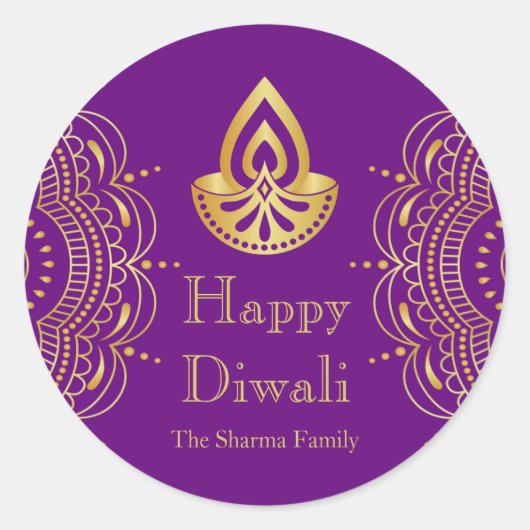 Paarse en gouden Diwali Party Favor Ronde Sticker (Voorkant)