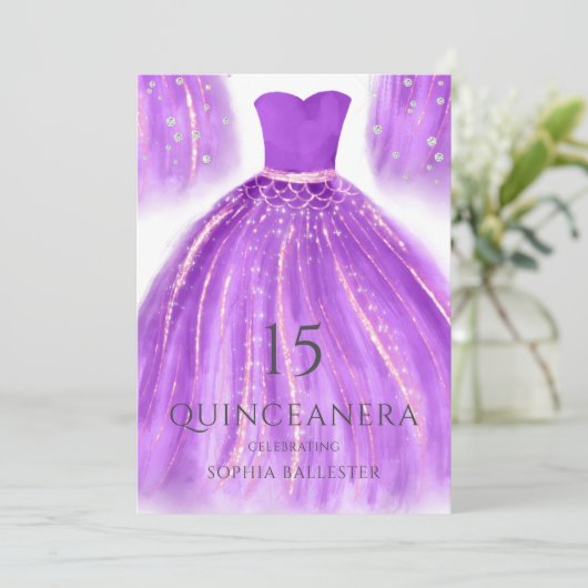 Paarse en gouden dkleurige dress Quinceanera Kaart (Staand voorkant)