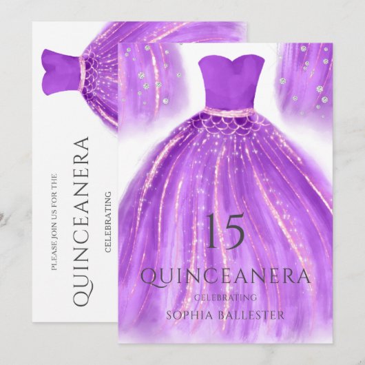 Paarse en gouden dkleurige dress Quinceanera Kaart (Voorkant / Achterkant)