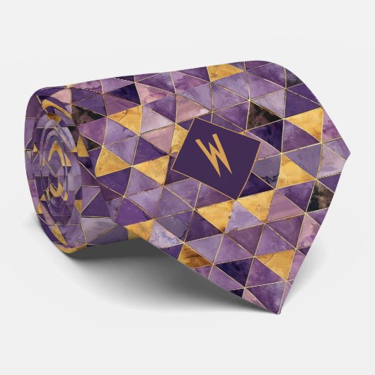 Paarse en gouden driehoeken Monogram Stropdas (Opgerold)