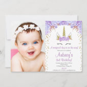 Paarse en gouden eenhoorn meisje verjaardagsfoto kaart (Voorkant)