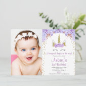Paarse en gouden eenhoorn meisje verjaardagsfoto kaart (Staand voorkant)