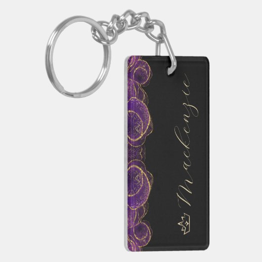 Paarse en gouden Elegant Script gepersonaliseerd Sleutelhanger (Voorkant Links)
