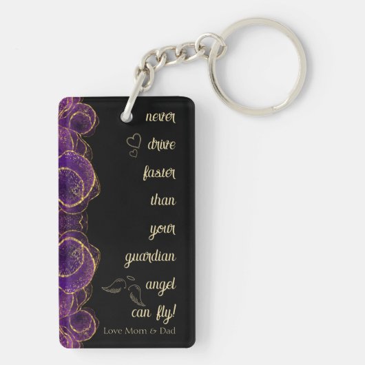 Paarse en gouden Elegant Script gepersonaliseerd Sleutelhanger (achterkant)