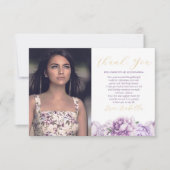 Paarse en gouden elegante bloemenfoto Quinceañera Bedankkaart (Voorkant)