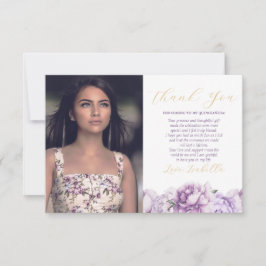 Paarse en gouden elegante bloemenfoto Quinceañera Bedankkaart