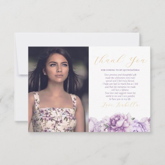 Paarse en gouden elegante bloemenfoto Quinceañera Bedankkaart (Voorkant)