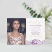 Paarse en gouden elegante bloemenfoto Quinceañera Bedankkaart (Staand voorkant)