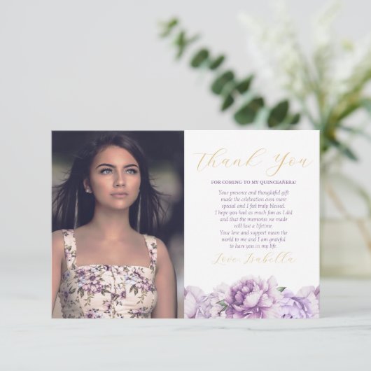 Paarse en gouden elegante bloemenfoto Quinceañera Bedankkaart (Staand voorkant)