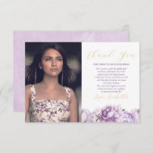 Paarse en gouden elegante bloemenfoto Quinceañera Bedankkaart (Voorkant / Achterkant)