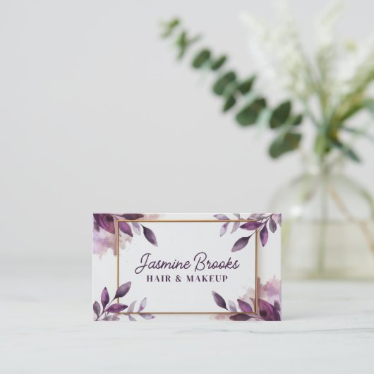 Paarse en gouden elegante botanische bladeren visitekaartje (Staand voorkant)