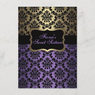 Paarse en gouden elegante Damask verjaardagsuitnod Kaart