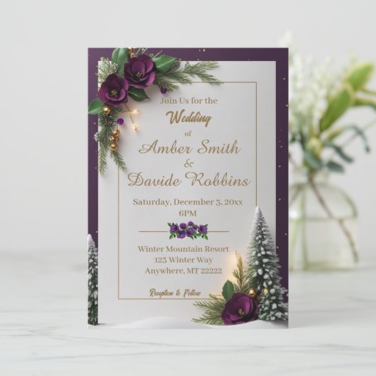 Paarse en gouden elegante winterhuwelijksuitnodigi kaart (Staand voorkant)