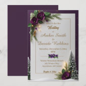 Paarse en gouden elegante winterhuwelijksuitnodigi kaart (Voorkant / Achterkant)