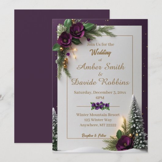 Paarse en gouden elegante winterhuwelijksuitnodigi kaart (Voorkant / Achterkant)