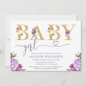 Paarse en gouden faux folie bloemenmeisje baby sho kaart (Voorkant)