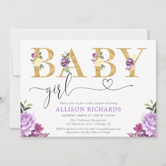 Paarse en gouden faux folie bloemenmeisje baby sho kaart (Voorkant)