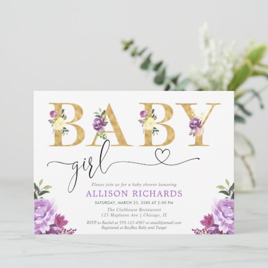 Paarse en gouden faux folie bloemenmeisje baby sho kaart (Staand voorkant)