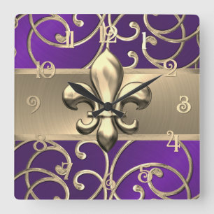 Paarse en gouden filigraan krullen Fleur de Lis Vierkante Klok