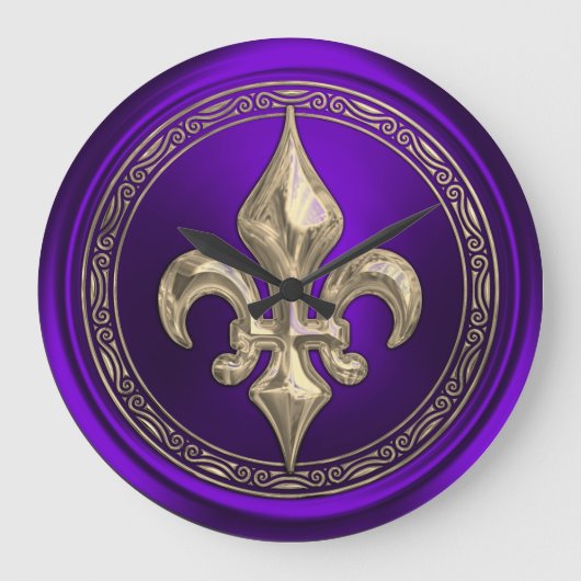 Paarse en gouden Fleur de Lis Grote Klok (Voorkant)