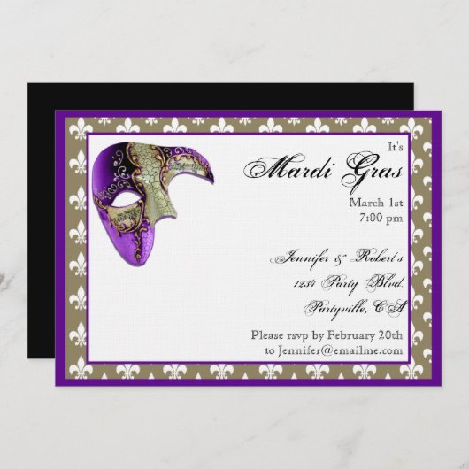 Paarse en gouden Fleur de Lis Masker Mardi Gras Pa Kaart (Voorkant / Achterkant)