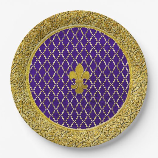 Paarse en gouden Fleur-de-lis Papieren Bordje (Voorkant)