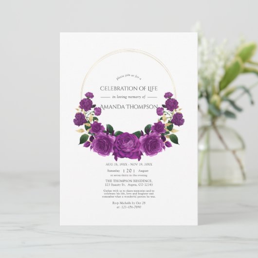 Paarse en gouden  Floral Celebration of Life Kaart (Staand voorkant)