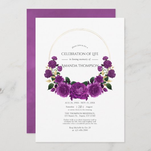 Paarse en gouden Floral Celebration of Life Kaart (Voorkant / Achterkant)
