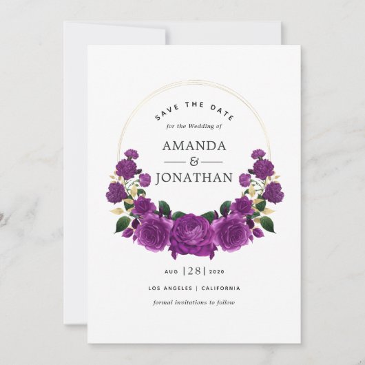 Paarse en gouden  Floral Wedding Save The Date (Voorkant)