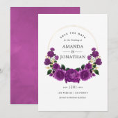 Paarse en gouden  Floral Wedding Save The Date (Voorkant / Achterkant)