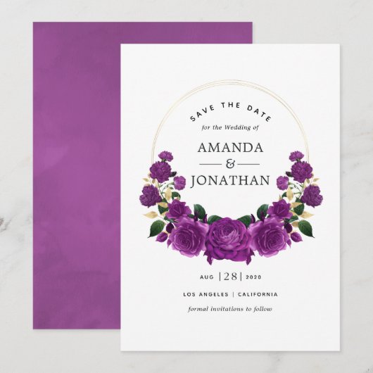 Paarse en gouden  Floral Wedding Save The Date (Voorkant / Achterkant)