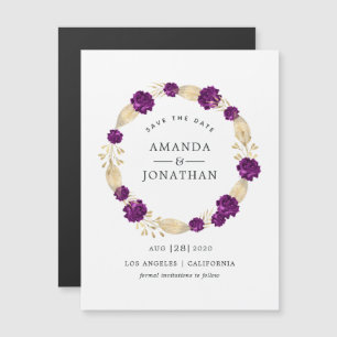 Paarse en gouden  Floral Wedding Save the Date Magnetische Uitnodiging