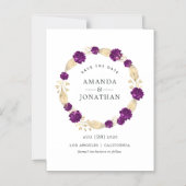 Paarse en gouden  Floral Wedding Save the Date Magnetische Uitnodiging (Voorkant)