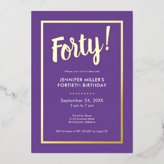 Paarse en gouden folie 40e verjaardag folie uitnodiging (Voorkant)