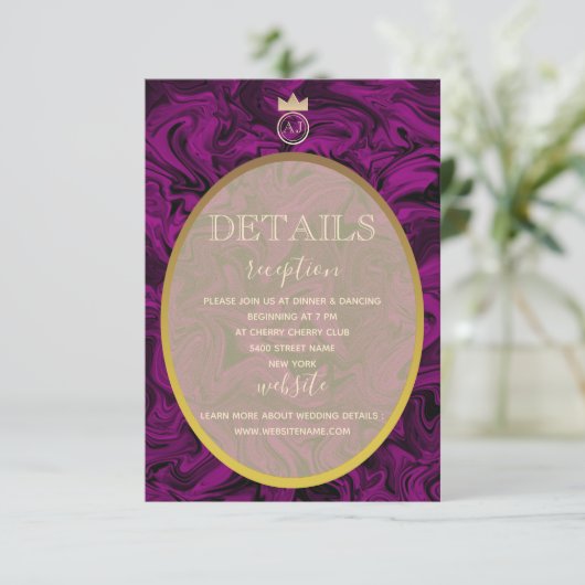 Paarse en gouden folie Elegante bruiloft Details K Kaart (Staand voorkant)