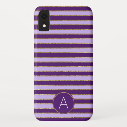 Paarse en gouden folie streep monogram patroon Case-Mate iPhone case (Achterkant)