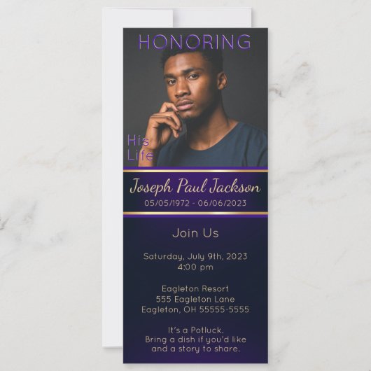 Paarse en gouden foto Memorial uitnodiging (Voorkant)