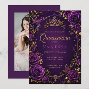 Paarse en Gouden Foto Quinceanera Uitnodiging